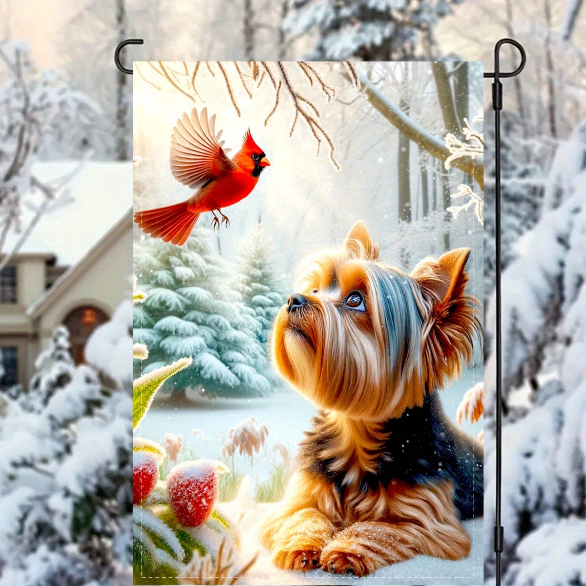 

Yorkie & Winter Garden Flag - Double-sided, Polyester, 12x18 Inch - Yard And Seasonal Decor, No Pole Included