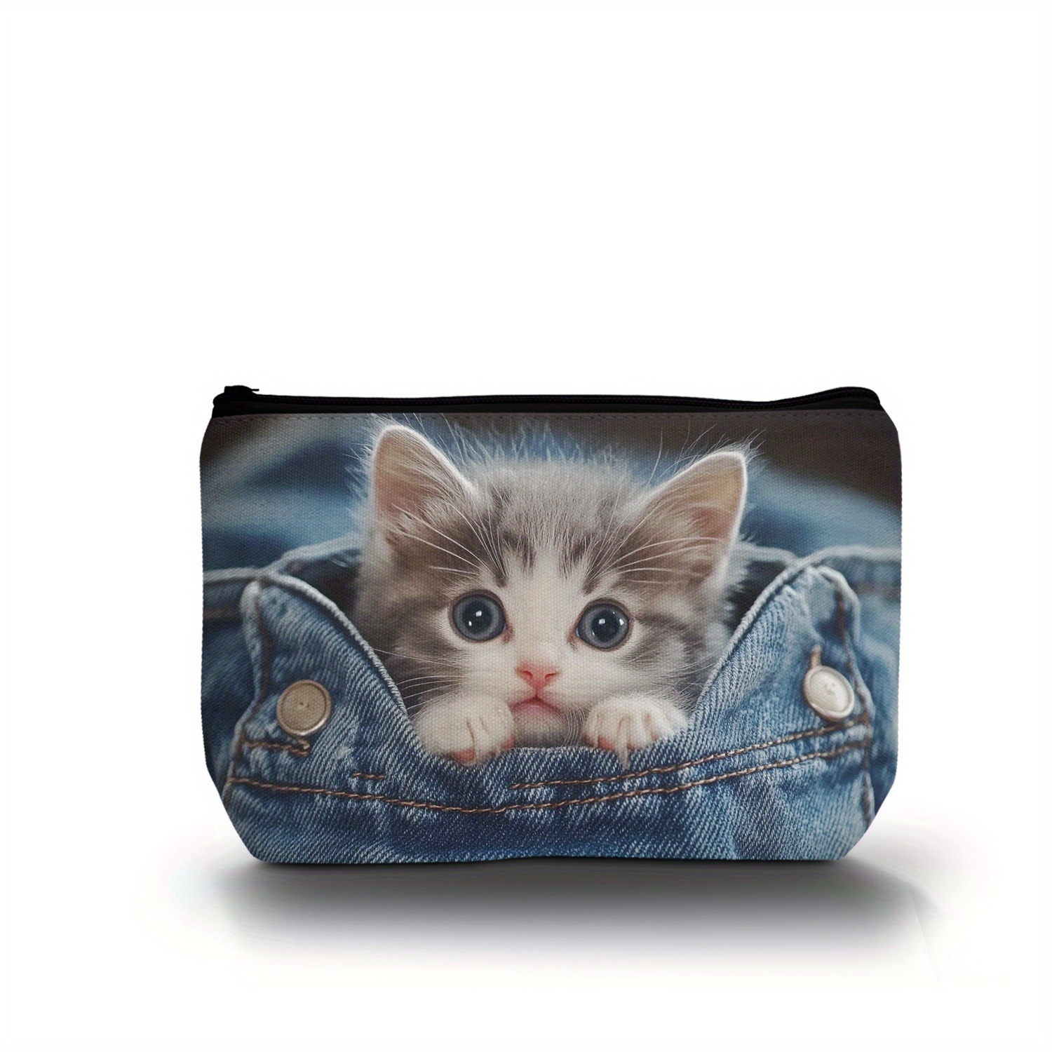 

1pc Cute Kitten Print Zippered Pouch, Lightweight Polyester Makeup Bag, Casual Style, Travel Toiletry Organizer, Hand Wash Only