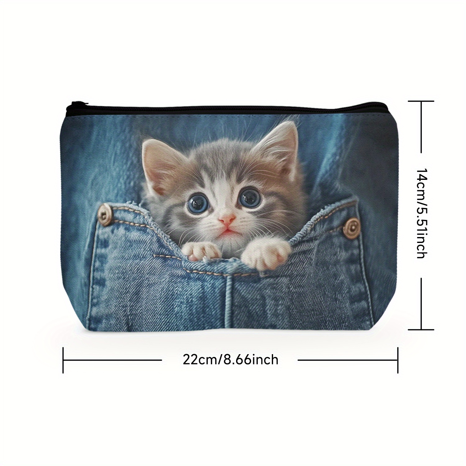 1pc Cute Kitten Polyester Toiletry Bag, Casual Clutch Makeup Pouch With Zipper Closure, Easy To Washable Storage Organizer