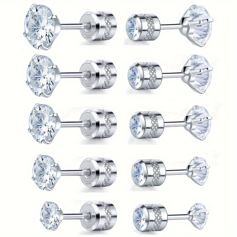 

5 Pairs Of Premium Titanium Cz Earrings - Sensitive Ear Hypoallergenics, Plated In 18k Gold -5 Pairs Of Round And , Sparkling Screw Style Perfect For Charm For Men And Women