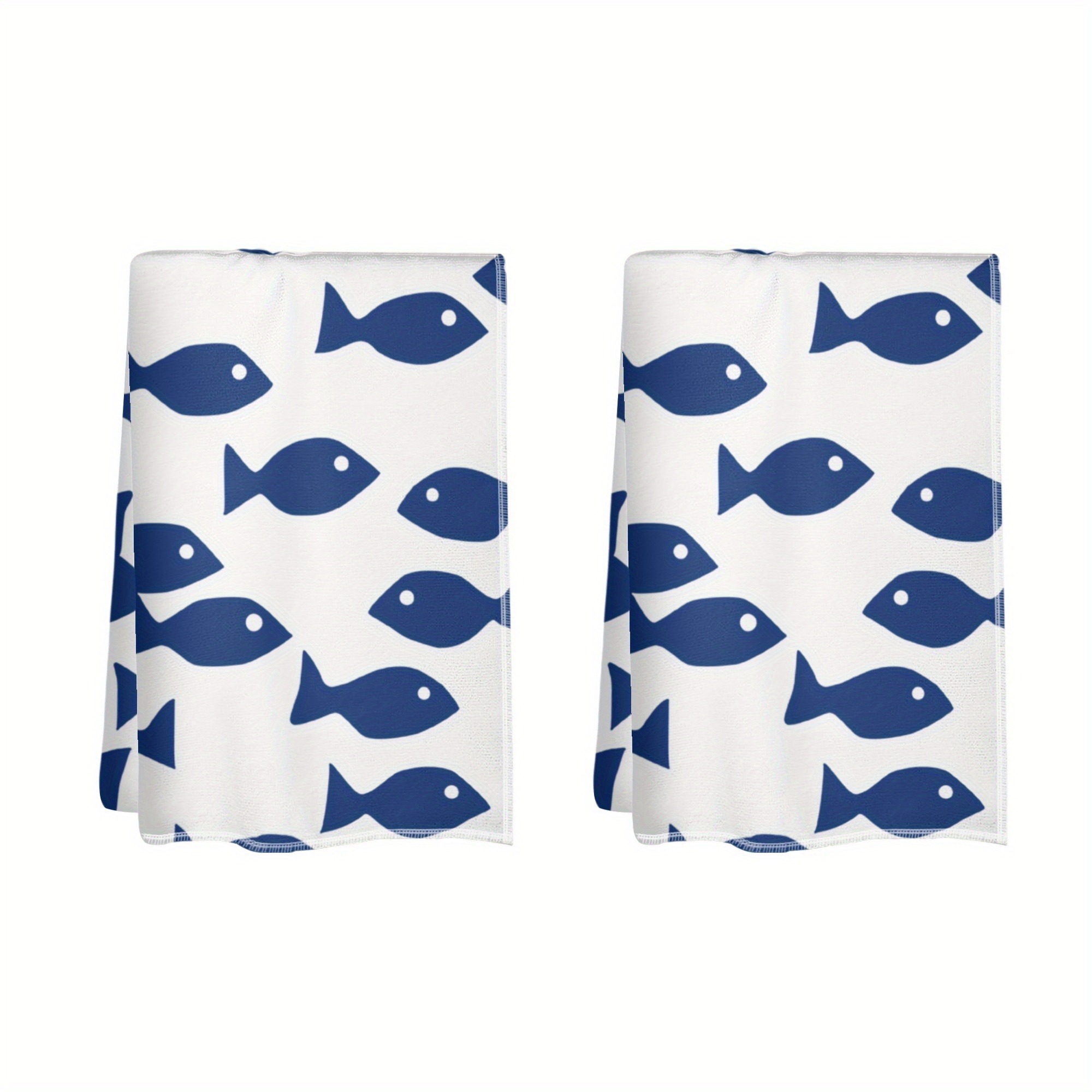 

Contemporary Blue Fish Towel Set, 2 Pack, 18x26 Inch, Ultra Soft Polyester Dish Cloths, Machine Washable, Woven Oblong Cartoon Fish Theme Towels For Home And Office