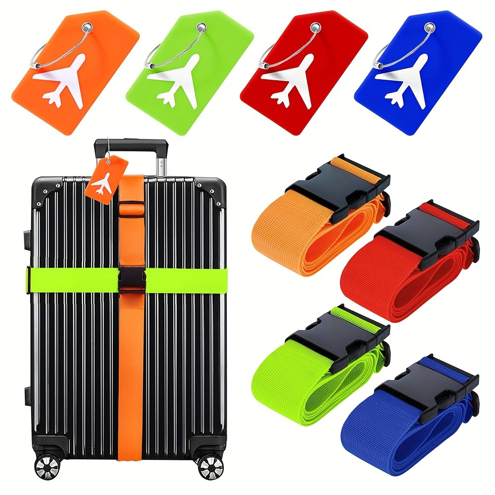 

8pcs Set - 4 Polypropylene Luggage Straps With Anti-theft Snap Closure & 4 Luggage Tags - Easy Clean, Ideal For Travel, Sports, Vacation