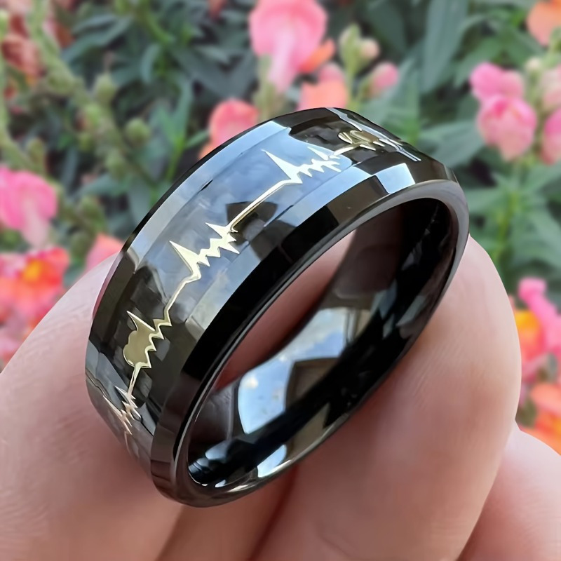 

Durable Tungsten Steel Couple Ring - Timeless Black With Vibrant Golden Ecg Pattern - Stylish Mens Engagement & Wedding Band For