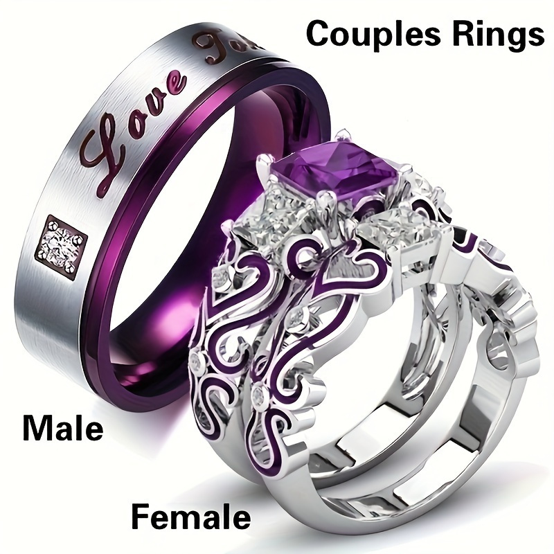 

1 's And Women' Steel Purple Couple Engagement Ring Set - Fashionable Zircon Purple Bead, Copper Material, , , Hypoallergenic, Wedding, Anniversary, Valentine's Day Gift