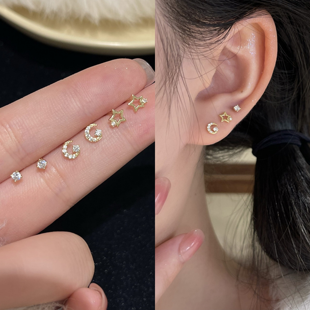 

3pcs Set Of Rhinestone Star And Moon Earrings For Women, Simple And Earrings, Asymmetrical, Cute And Casual, Versatile