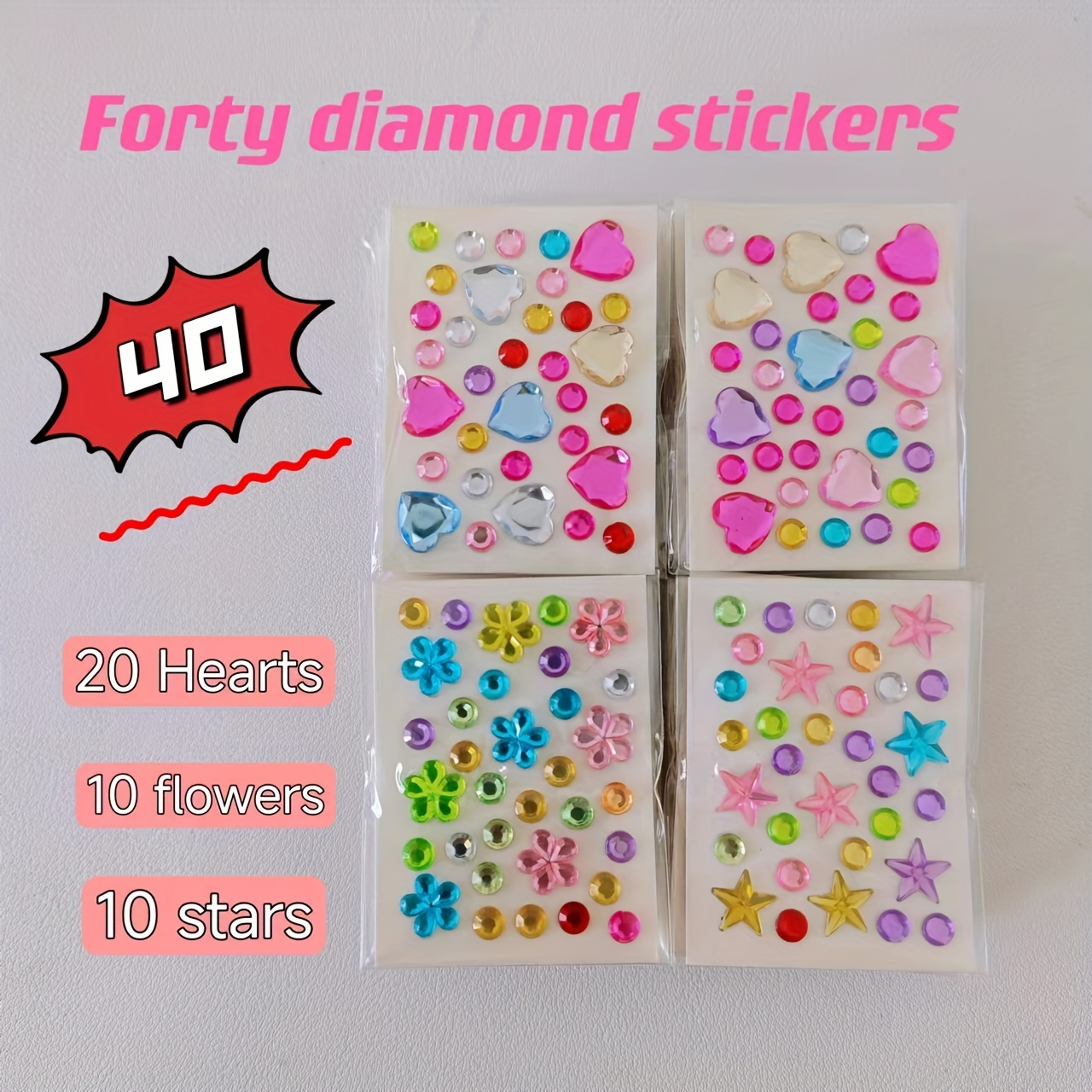 40-pack Mini Heart, Flower, And Star Stickers - Crystal Decorations For Crafts, Gifts, And Ornaments