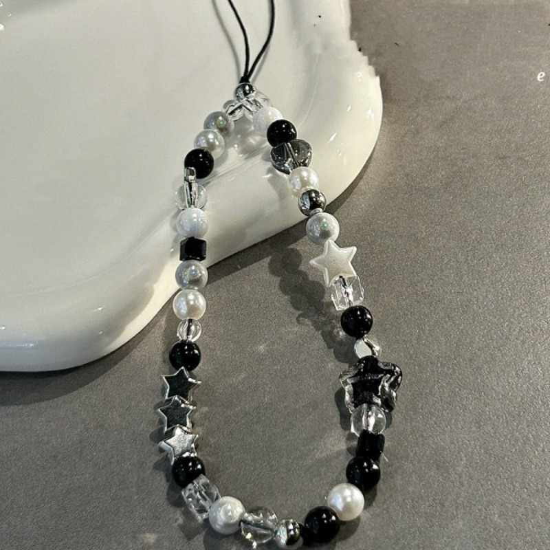 

Inspired Glamorous Starry Phone Charm: Black And White Beaded Strand With Clear Acrylic Stars - Perfect For Your Fashionable Phone Accessory