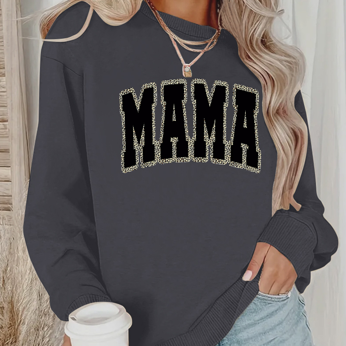 

Mama Print Pullover Sweatshirt, Casual Long Sleeve Crew Neck Sweatshirt For Fall & Winter, Women's Clothing