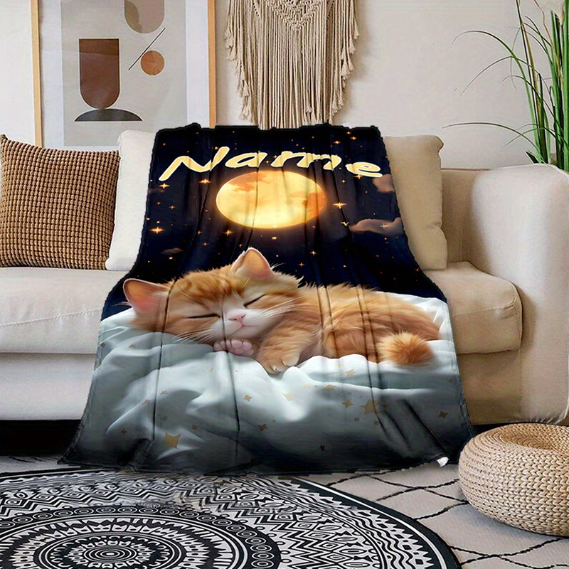 

Personalized Cat & Moon Custom Name Blanket - Soft, Warm, And Cozy For All - Perfect Gift For Family, Friends, And - Ideal For , Camping, And Travel