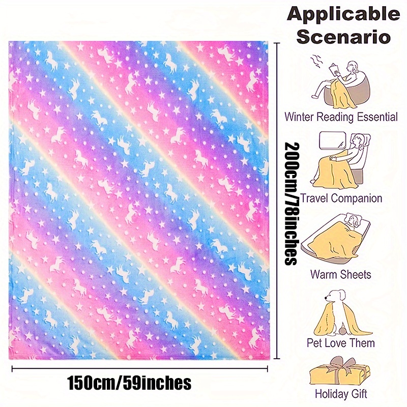 Luminous Rainbow Unicorn Flannel Blanket - , Cozy For Relaxation - Ideal For Sofa, Office,, And Travel