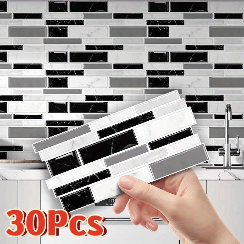 Image of 30pcs Marble Effect Kitchen And Bathroom Tile Stickers - Waterproof, Oil-proof, Self-adhesive Decor - Easy To Apply, Durable, Options