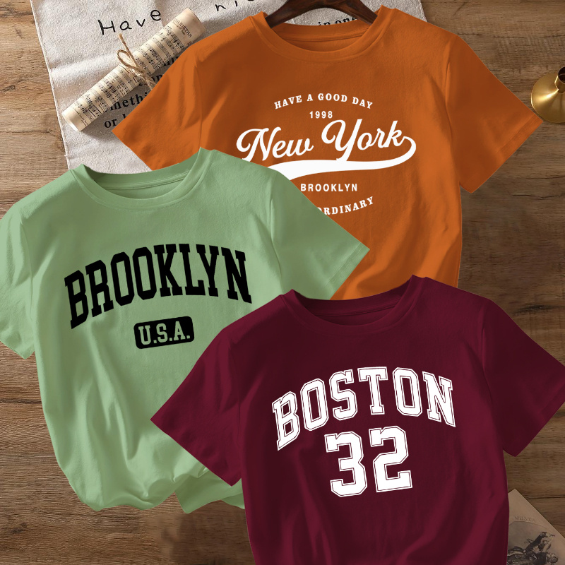 

3-piece Letter & Number Print Fashion T-shirt Round Neck Short Sleeve Color Women's Clothing