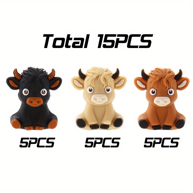 TEMU 15 Cute Highland Cow Silicone Beads - 3d Animal Shaped Charms For Diy Crafts, Keychains, Bracelets, Necklaces, And Jewelry Making Accessories (pack Of 15)