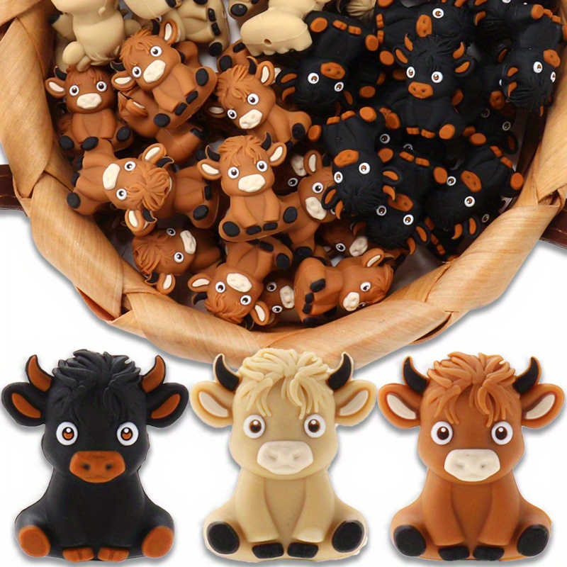 

15 Cute Highland Cow Silicone Beads - 3d Animal Shaped Charms For Diy Crafts, Keychains, Bracelets, Necklaces, And Jewelry Making Accessories (pack Of 15)