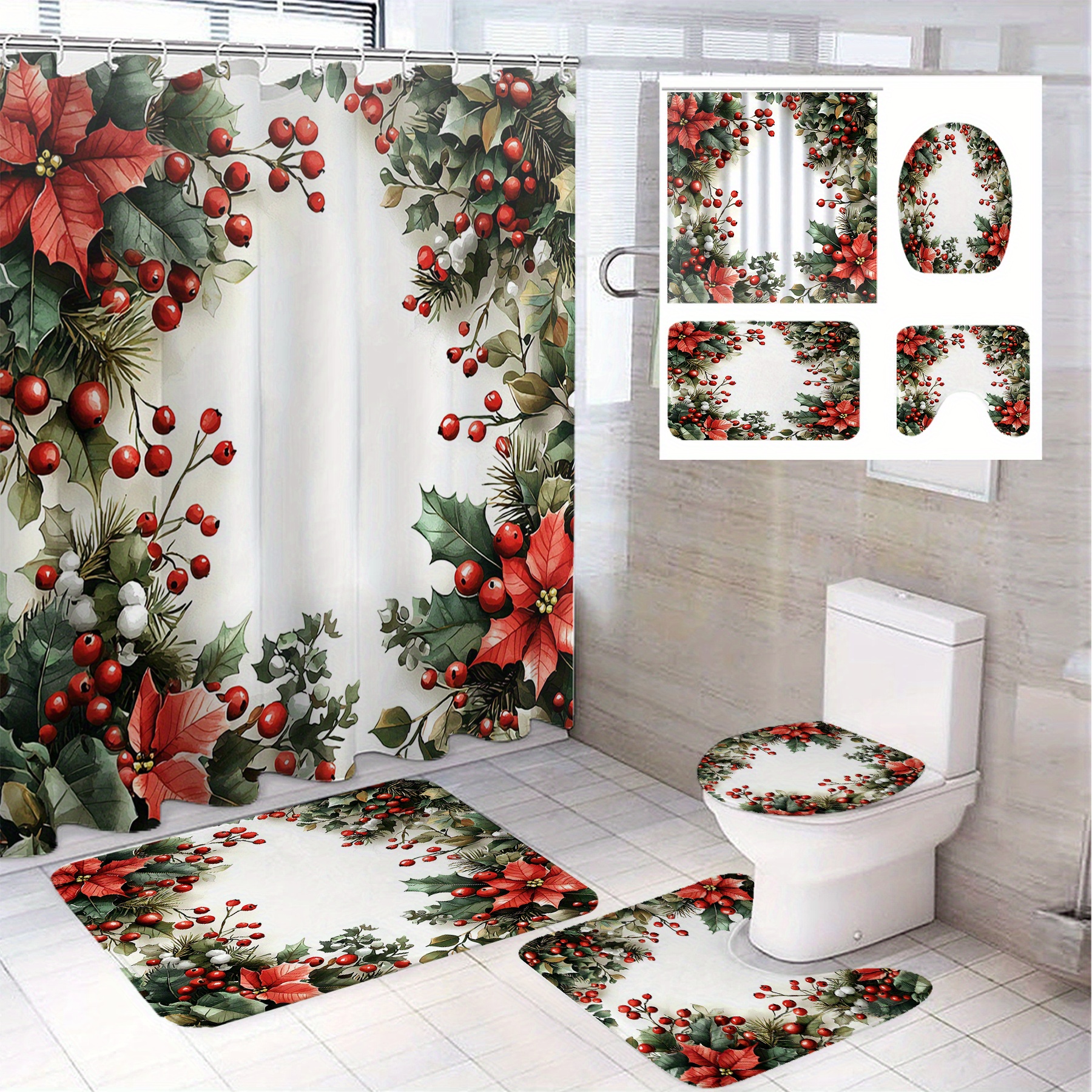 

1/4pcs Pattern Printed Shower Curtain Set 12 , Mat, , And U-shaped Mat - Bathroom Decoration For Christmas And Halloween - Polyester, 71*71in