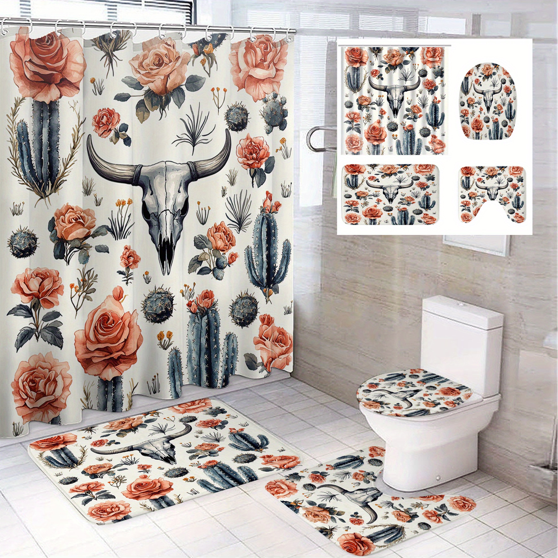 

Vintage Cactus And Cow Print Bathroom Set: Includes 71"x71" Shower Curtain, 37"x15" Toilet Seat Cover, 75"x29.5" Rug, And 45"x17.7" U-shaped Mat - Perfect For Modern Or Rustic Decoration