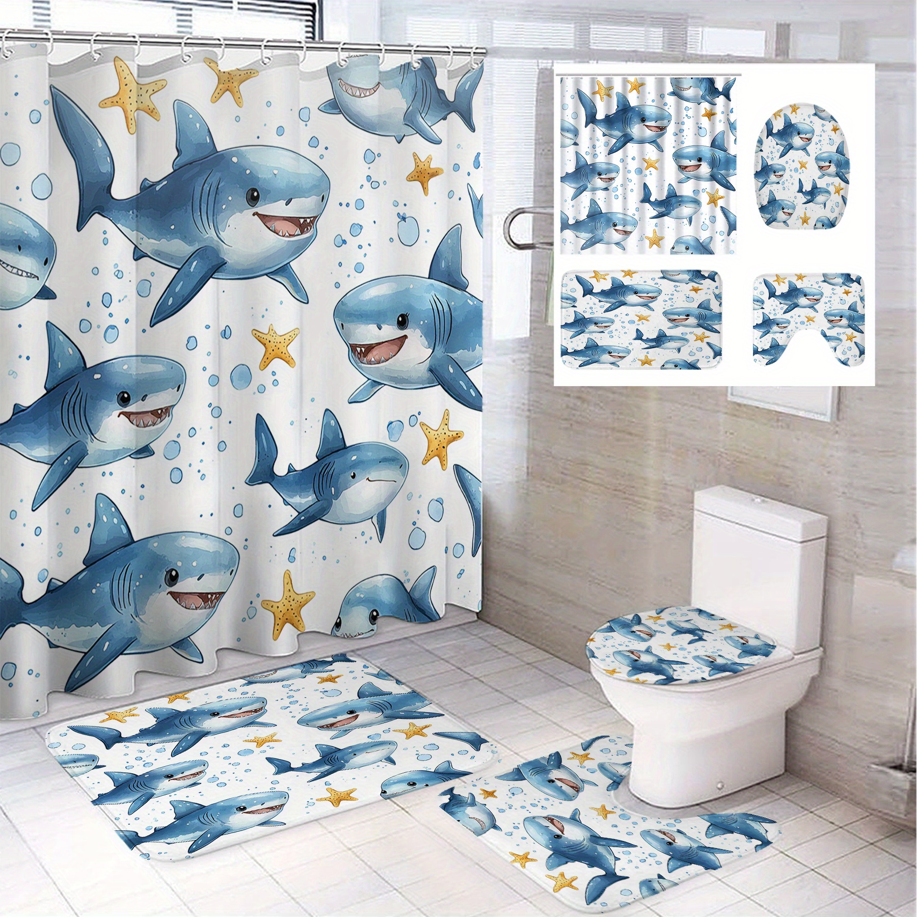 

1/ 4pcs Pattern Shower Curtain, Bathroom Decoration, Polyester Bathroom Set 12 , Bathroom Mat, Mat And U-shaped Mat Decoration 71*71in