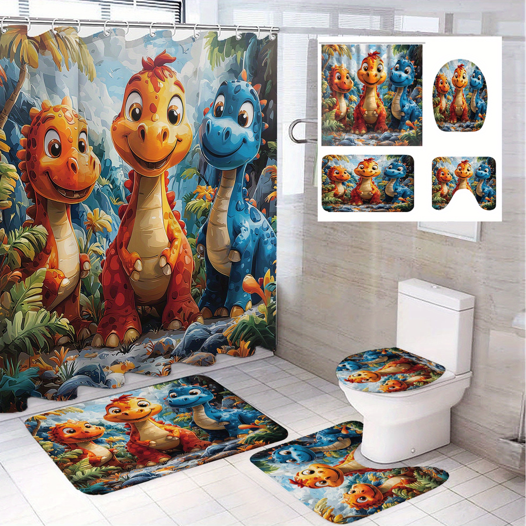 

1/ 4pcs Dinosaur Pattern Printed Shower Curtain, Decoration, Polyester Bathroom Set With 12 Hooks, Bathroom Non-slip Floor Mat, Toilet Lid Mat And U-shaped Mat Home Decoration 71*71in