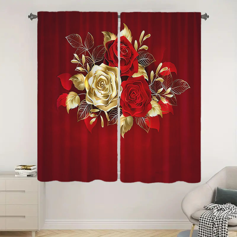 

2-piece Golden And Red Roses Printed Blackout Curtains - Peach Skin Velvet Polyester, Rod Pocket Drapes, Water-resistant Window Treatments For Living Room And Bedroom, Contemporary Printed Home Decor