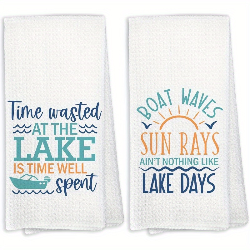 

2-pack Summer Lake House Kitchen Towels - Modern Woven Polyester Dish Towels - Decorative Hand Towels With Lake Quotes, Machine Washable, Super Soft - 18x26" Oblong Bathroom And Kitchen Towels