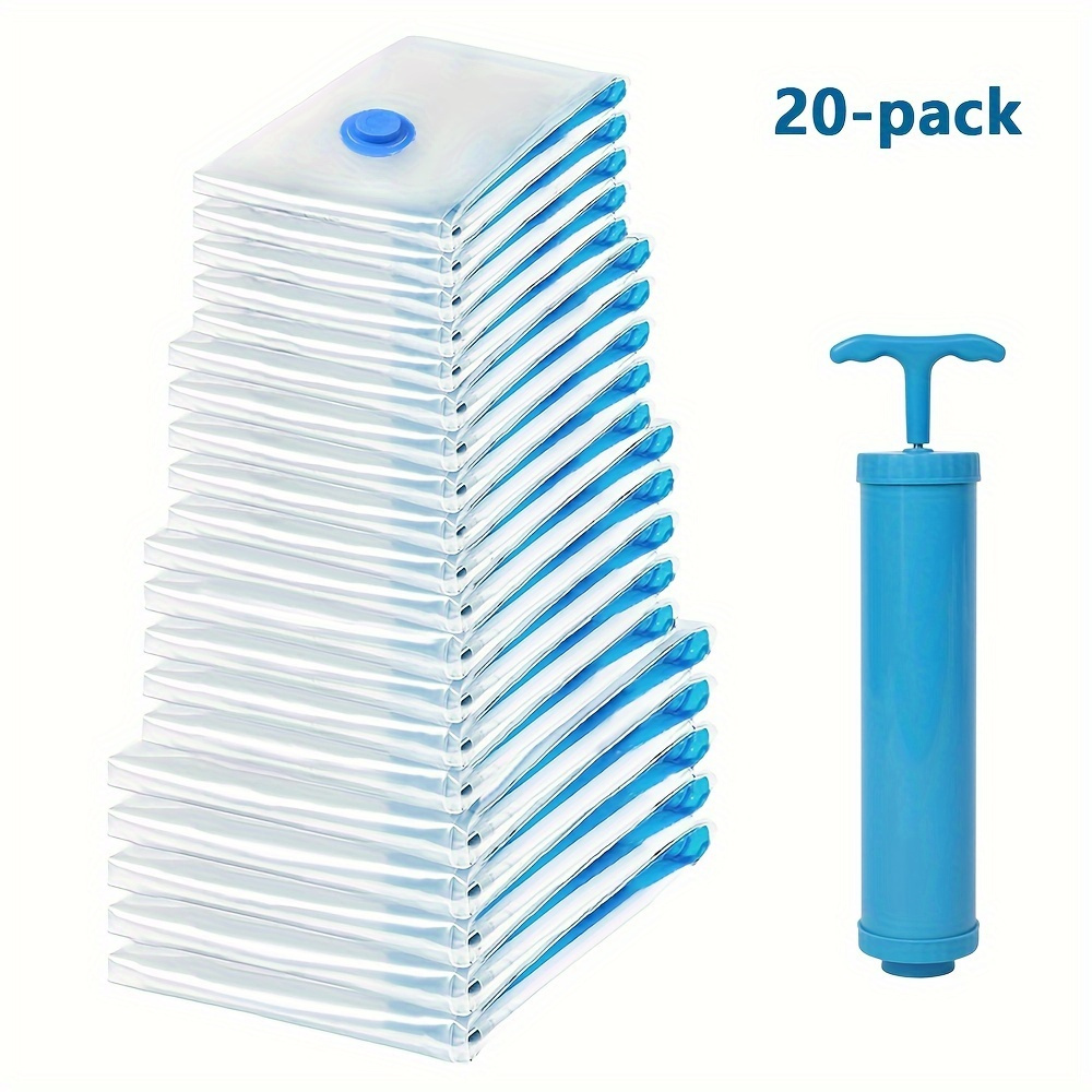 

20pcs Basics Vacuum Storage Bags Set With Hand Pump, Multiple Size, Clear, Sealed Plastic Storage Containers For Clothes, Blankets, Shirts, Household Space Saving Organizer