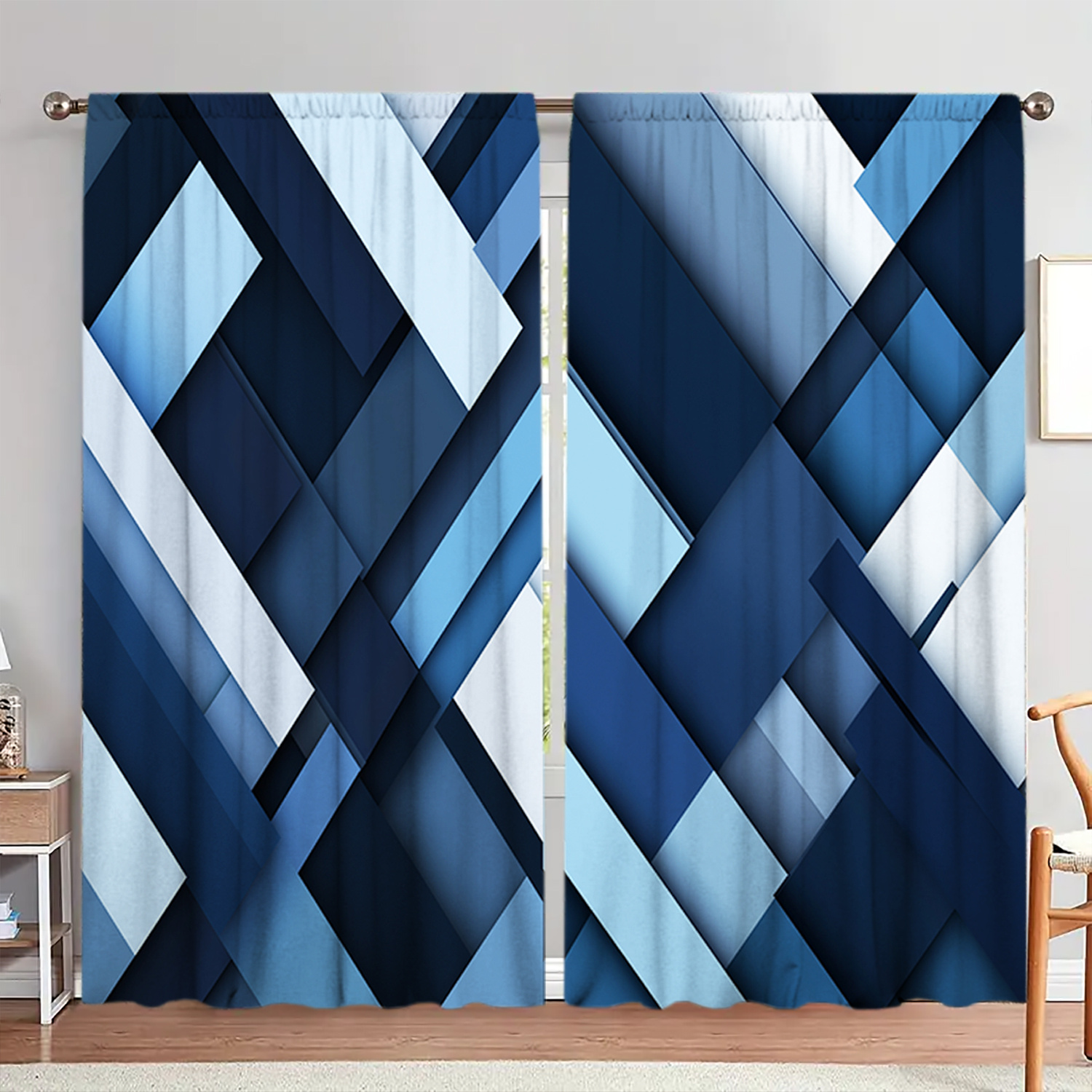 

2pcs Set Blue Geometric Print Curtains - Semi-sheer Polyester Fabric, Rod For Easy Hanging - Bedroom, Living Room, Office & More