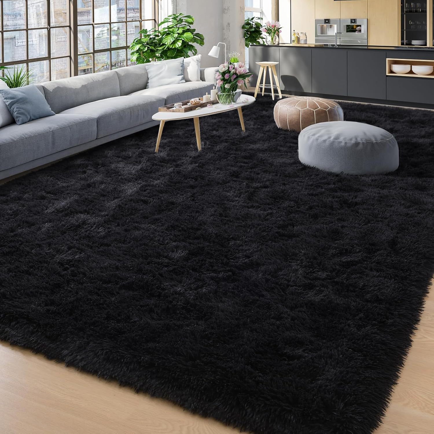 

1pc Luxury Area Rugs For Living Room, Ultra Soft Fluffy Black Bedroom Rug, Large Non-slip Comfy Shag Carpet Playroom Rug, Indoor Modern Fuzzy Rug For College Room Home Decor