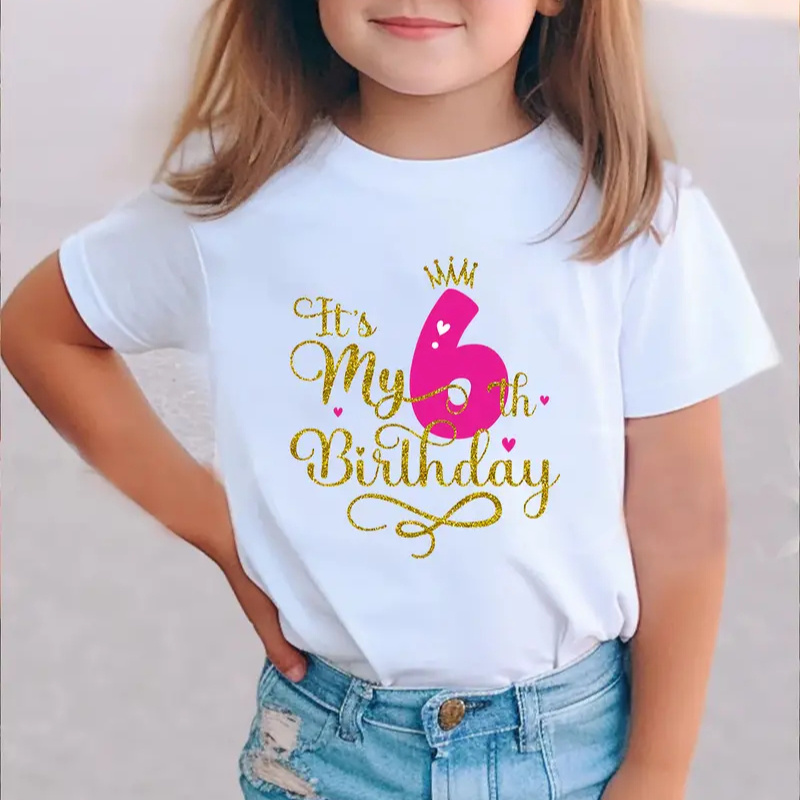 

6th Birthday Celebration T-shirt For - , Breathable Cotton, Moisture-wicking Casual Summer Tee With Geometric Print