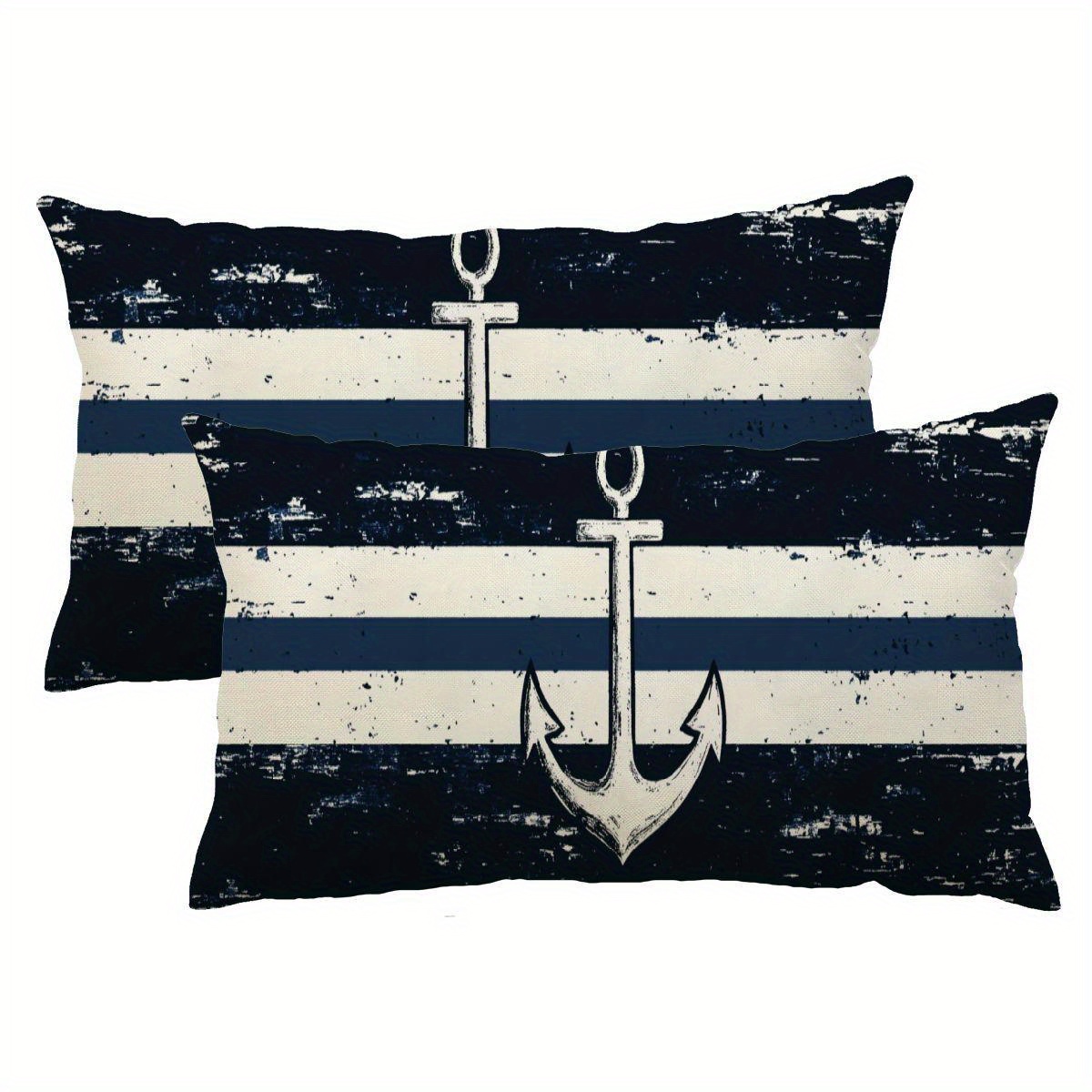 

Nautical Theme Linen Pillow Covers 12x20 Inch, Set Of 2 - Anchor Design, Zippered, Decorative Rectangular Cushion Cases For Decor, No Electricity Needed