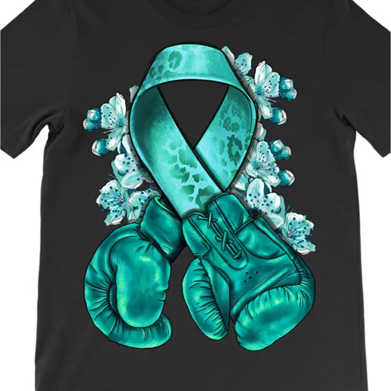 

Ovarian Cancer Blue-green Ribbon Boxing Gloves T-shirt 4870 Fun Men's Short Sleeve T-shirt Series Black Ar