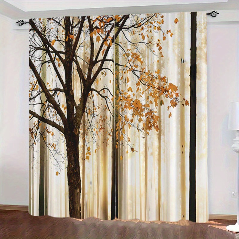 

2pcs Contemporary Blackout Curtains - Polyester Peach Skin Velvet Tree Print Rod , Water-resistant Fashion Drapes For Home And Living Room Decoration