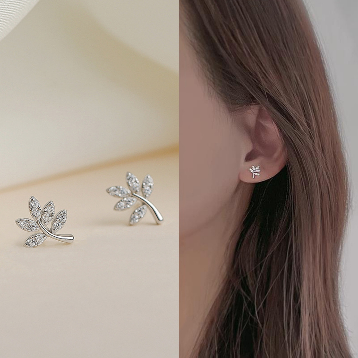 Leaf Stud Earrings with Rhinestones for Casual Attire