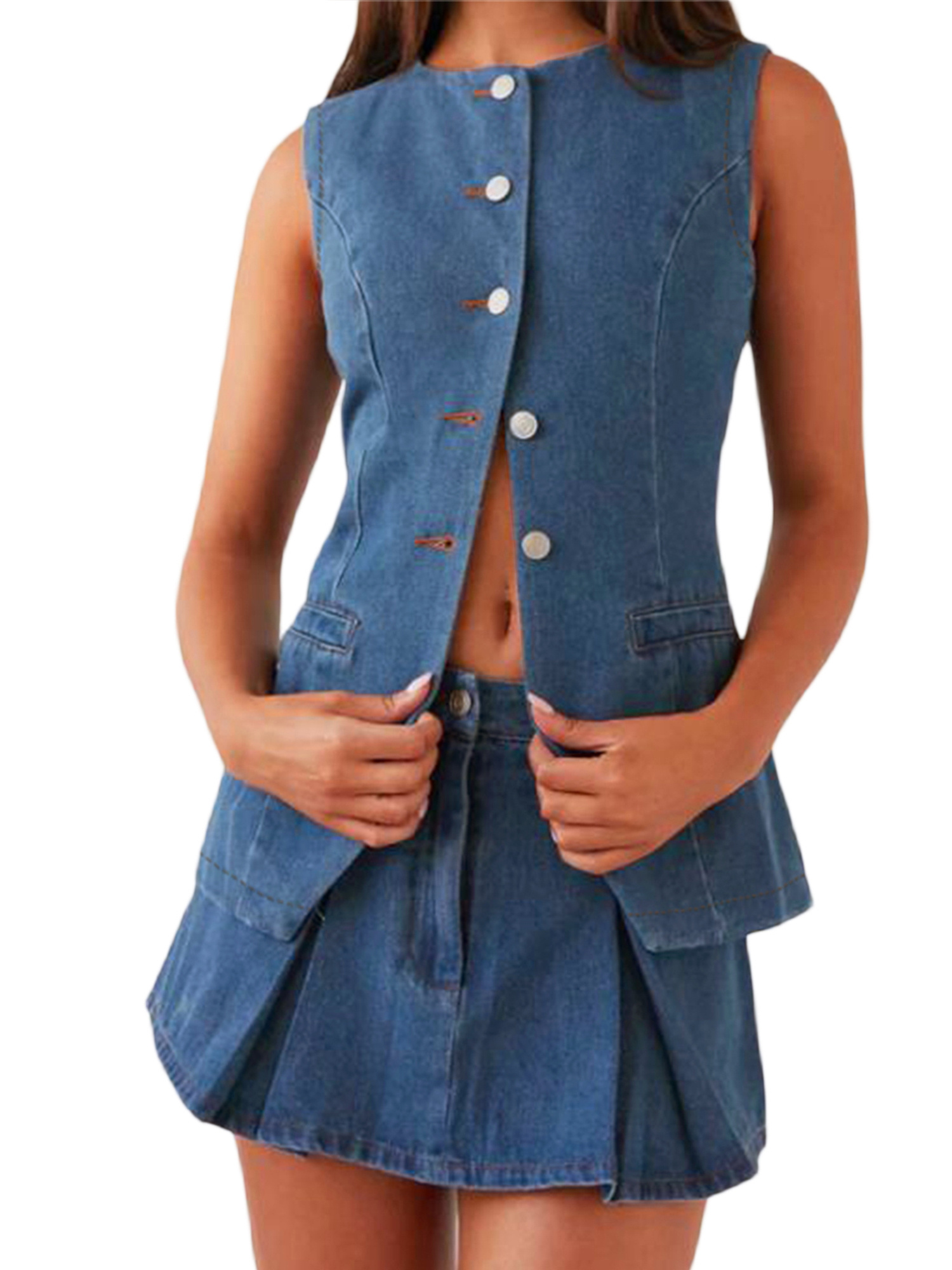 womens 2pcs denim set sleeveless button front tank top a Temu
