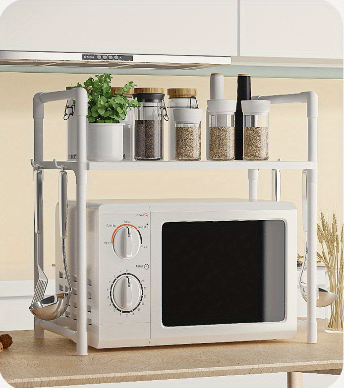 double layer open storage microwave stand with oven shelf and hooks non wood   plastic kitchen organizer for seasoning and accessories electricity free counter space saver details 7