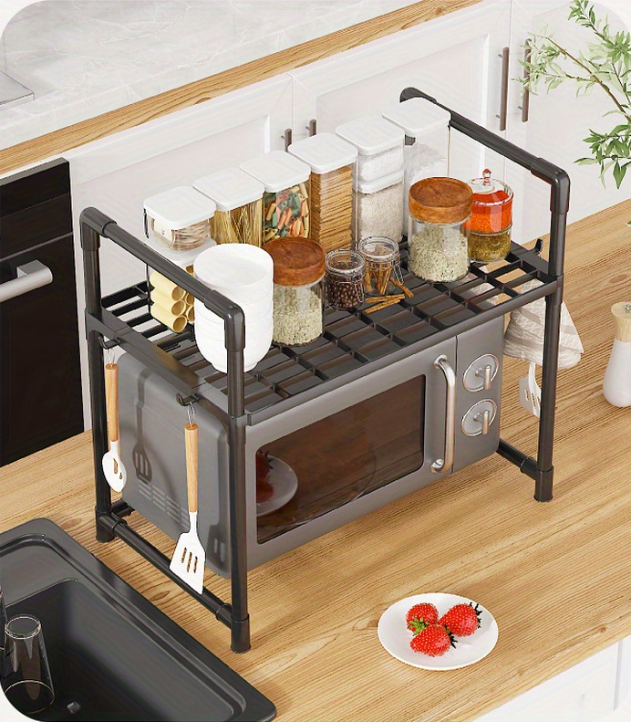 double layer open storage microwave stand with oven shelf and hooks non wood   plastic kitchen organizer for seasoning and accessories electricity free counter space saver details 8