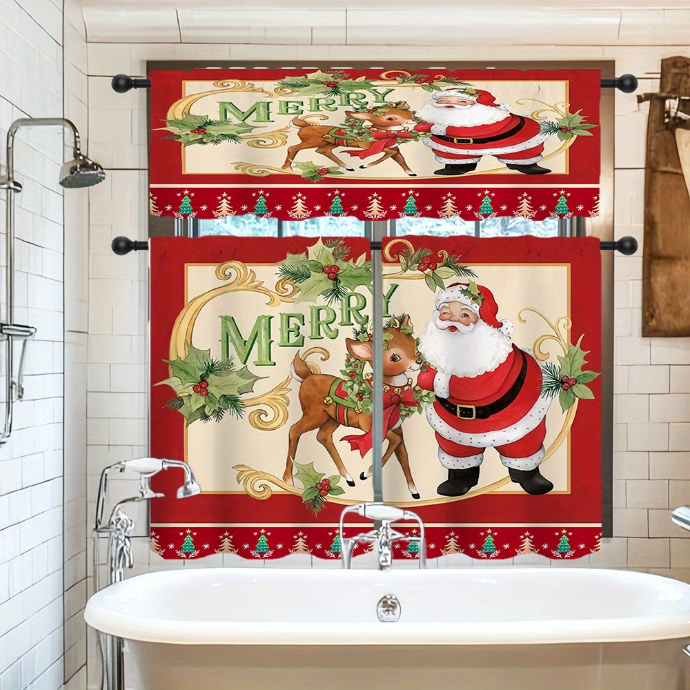 

1pc/2pcs Christmas Elk Bathroom Decoration Curtain, Polyester Printed , - Decoration Curtain, Suitable For , , , Bathroom, , , Etc., Decoration,