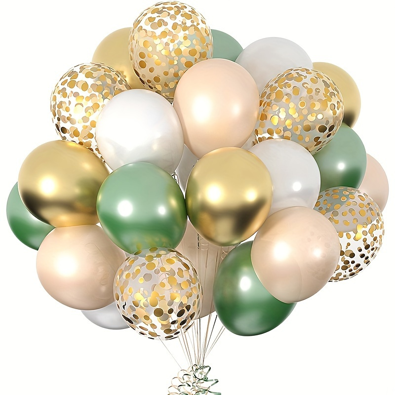 Image of 50pcs, Green White , Blusher Golden Sequin Latex Balloon, Suitable For Birthday, Wedding, Pre Wedding Party, And Yugali Party Decoration