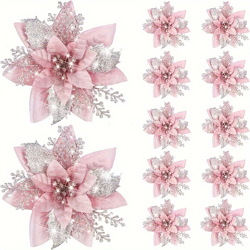 

10pcs Pink Glitter Poinsettia Artificial Flowers - Graptosedum Plastic Christmas Tree Ornaments, Seasonal Holiday Home Decor Accents