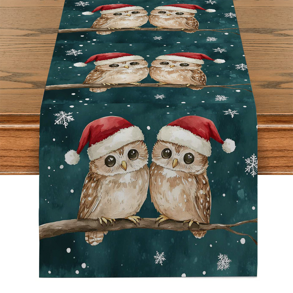 TEMU 1 Stück Weihnachts-Cartoon-Eule, und Ast Tischläufer - Polyester, gewebt, rechteckig für Küchen-Esstischdekoration, Party-Heimdekoration