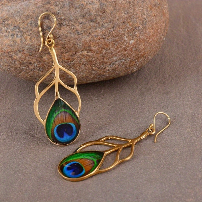 Peacock Feather Earrings with KC Golden Plated Resin Inlay