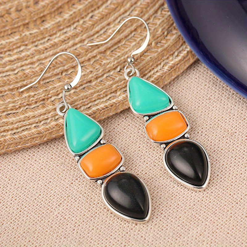 TEMU Elegant Retro Geometric Drop Earrings With Synthetic Turquoise, Stones - Copper Hooks, Weddings & Festive Occasions, Festive Jewelry | Geometric