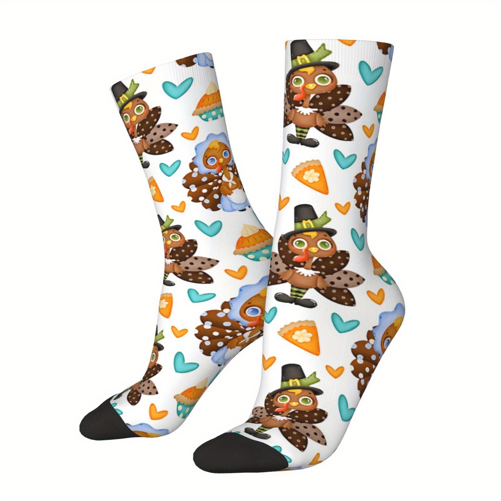 

1 Pair Thanksgiving Themed Socks For Men - Polyester & Spandex Blend, Hand Washable, Unique Turkey, Hearts & Pumpkin Pie Print, Casual Hip Hop Harajuku Style Crew Socks