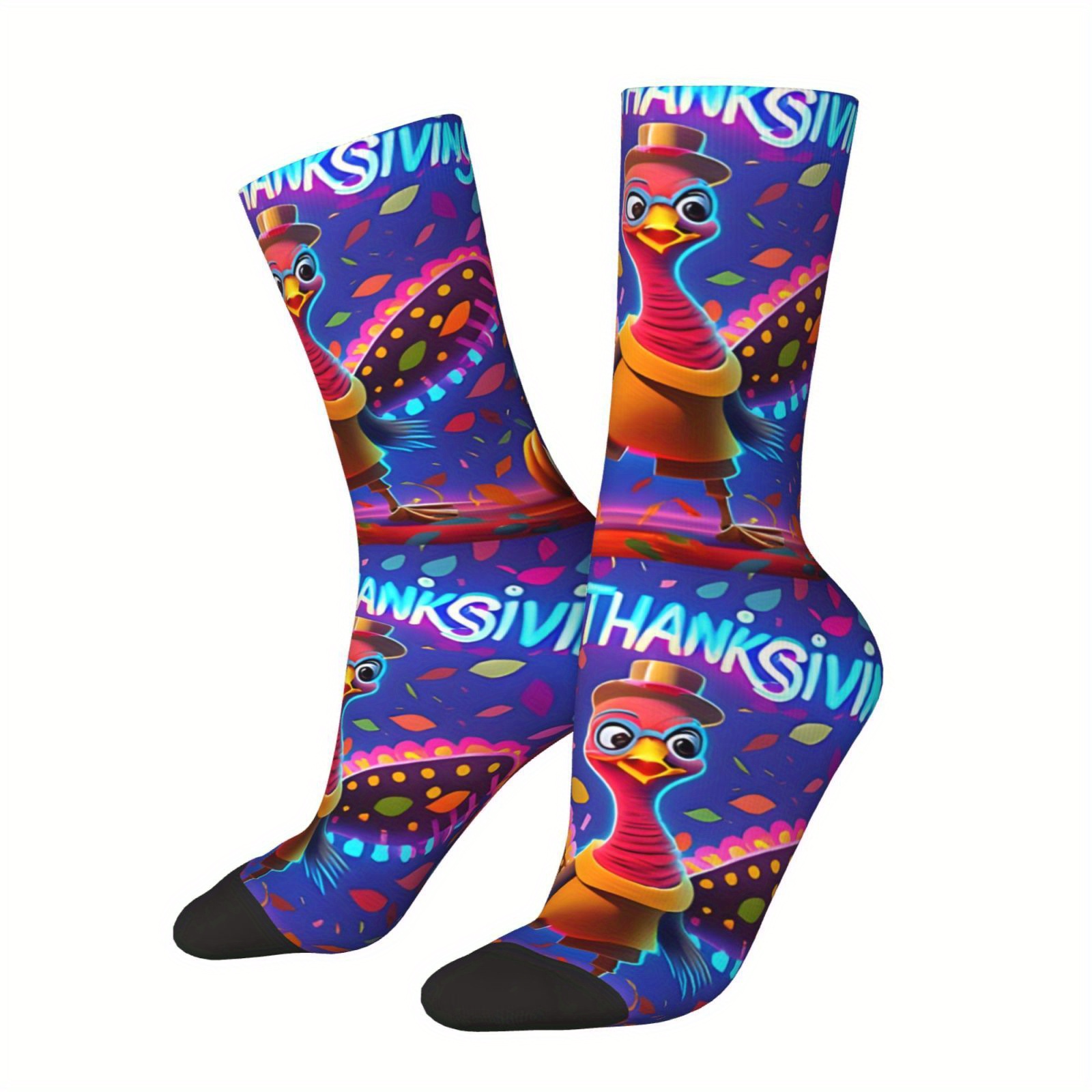 

Thanksgiving Turkey Pattern 1 Pair Men's Mid-calf Crew Socks, Breathable Comfy Casual Socks Sweat-absorbing Fashion Sports Socks For Outdoor Fitness Basketball Running