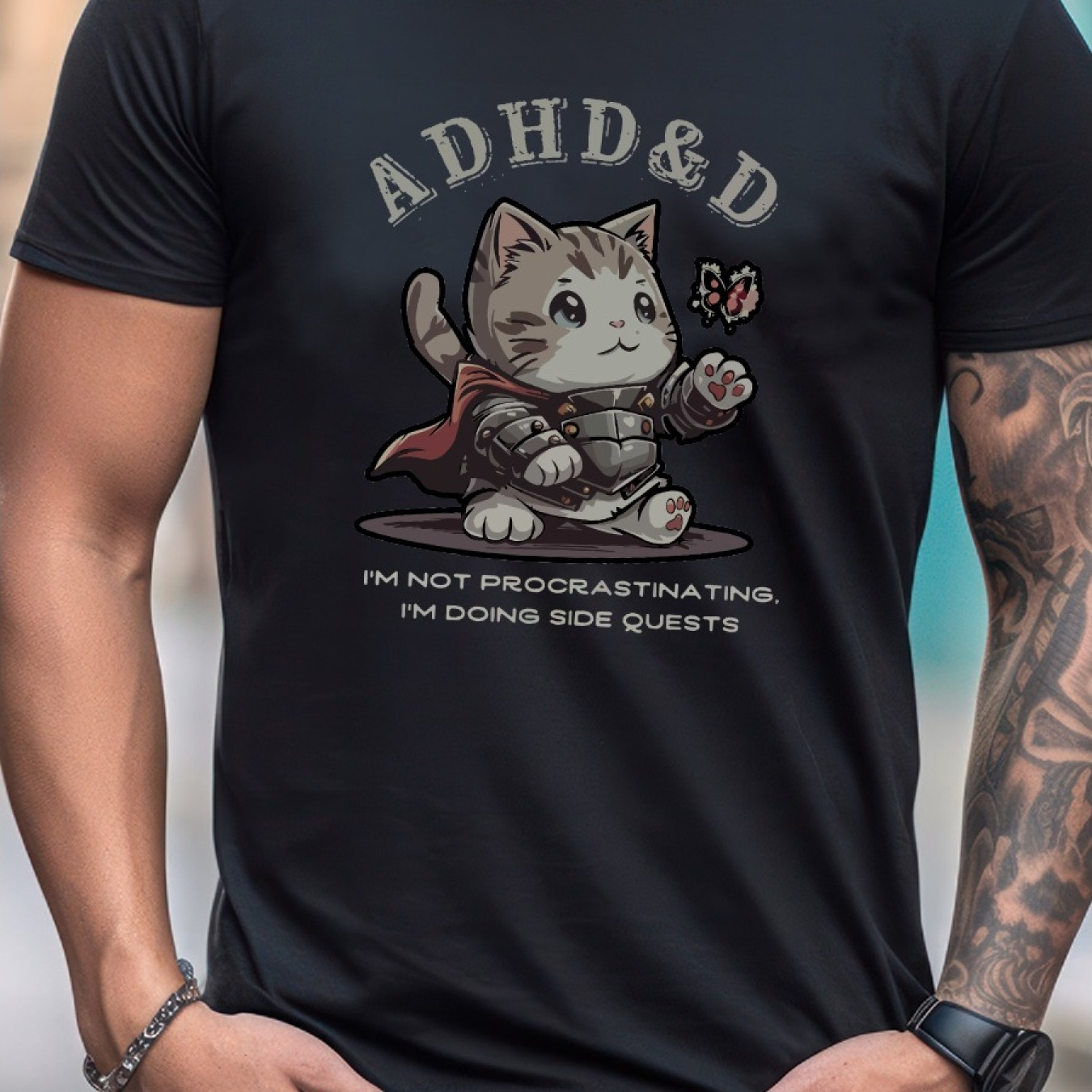 

&d I_m Not Procrastinating I_m Side Cat, Dnd Cat Vintage Men's Summer Short Sleeve T-shirt With Front Print - Comfortable, Breathable Fabric, Casual Sporty Style