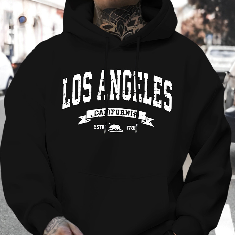 

Men's Casual Hoodie Sweatshirt With Los Angeles California Letter Print, Hooded Long Sleeve Pullover, Comfortable And , Polyester Fabric, Regular Fit, For Fall/winter Season