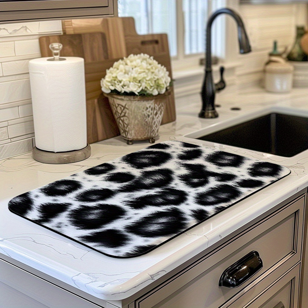 TEMU 1pcs Leopard Print Geometric Dish Drying Mat, Absorbent Polyester Kitchen Mat For Drying Dishes, Coffee, Tea, And Dining Table Heat Protection