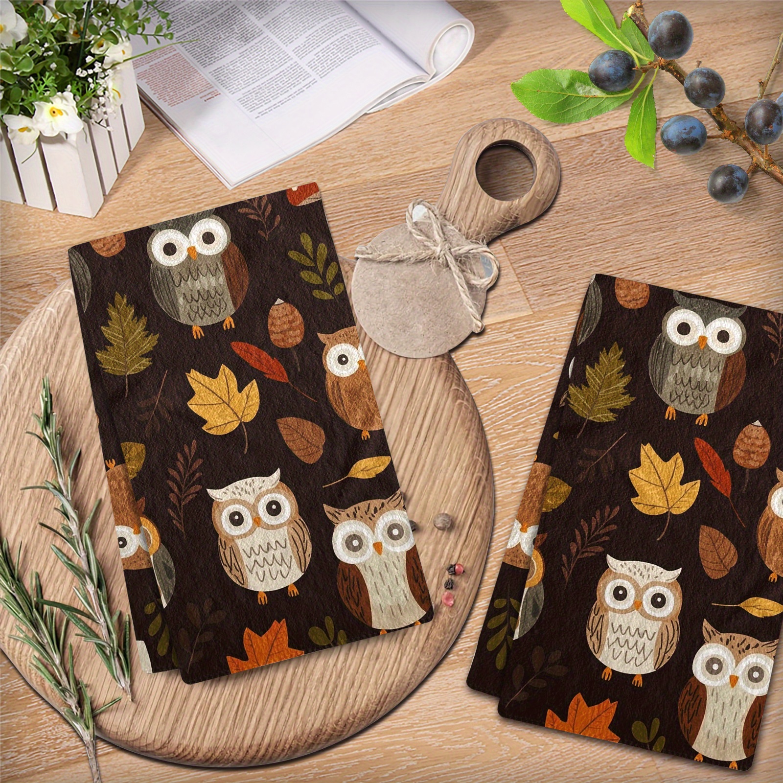 

2-pack Owl Pattern Microfiber Dish Towels - Knit Fabric, Modern Cartoon Themed Kitchen Towels, Machine Washable Oblong Cleaning Cloth, 27.2" X 18.4