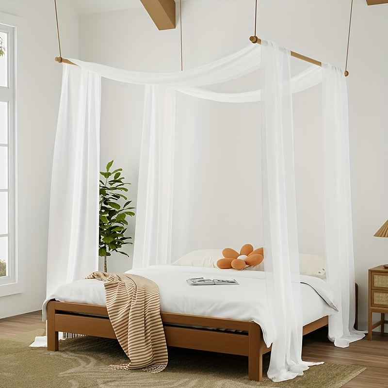 Boho Chic White Tulle Bed Canopy Queen Double Beds 4 Hooks 2 Rods Machine Washable Ideal for Indoor Outdoor Use