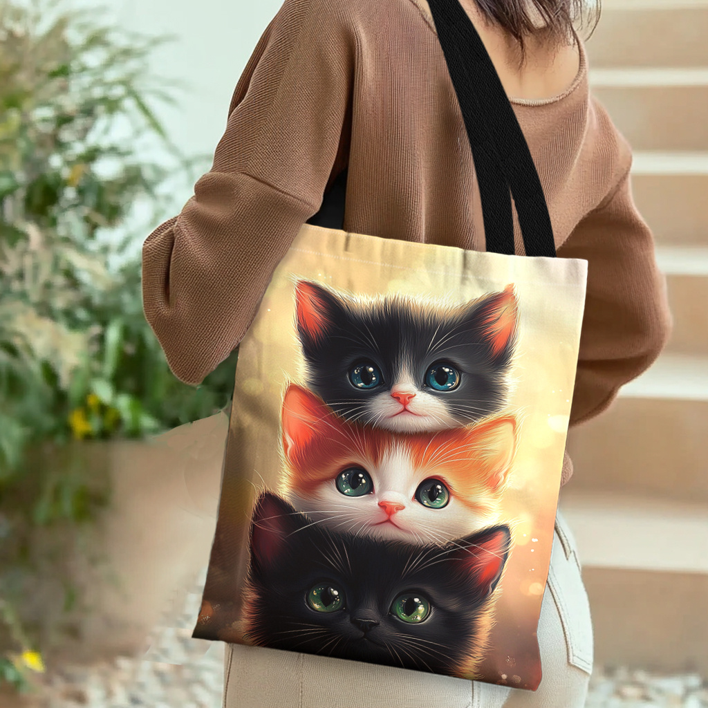 

Fantasy Kitten Canvas Tote Bag, Machine Washable Polyester Shoulder Bag With Cute Cat Print, Reusable No-closure Shopping Bag - Unlined And Lightweight