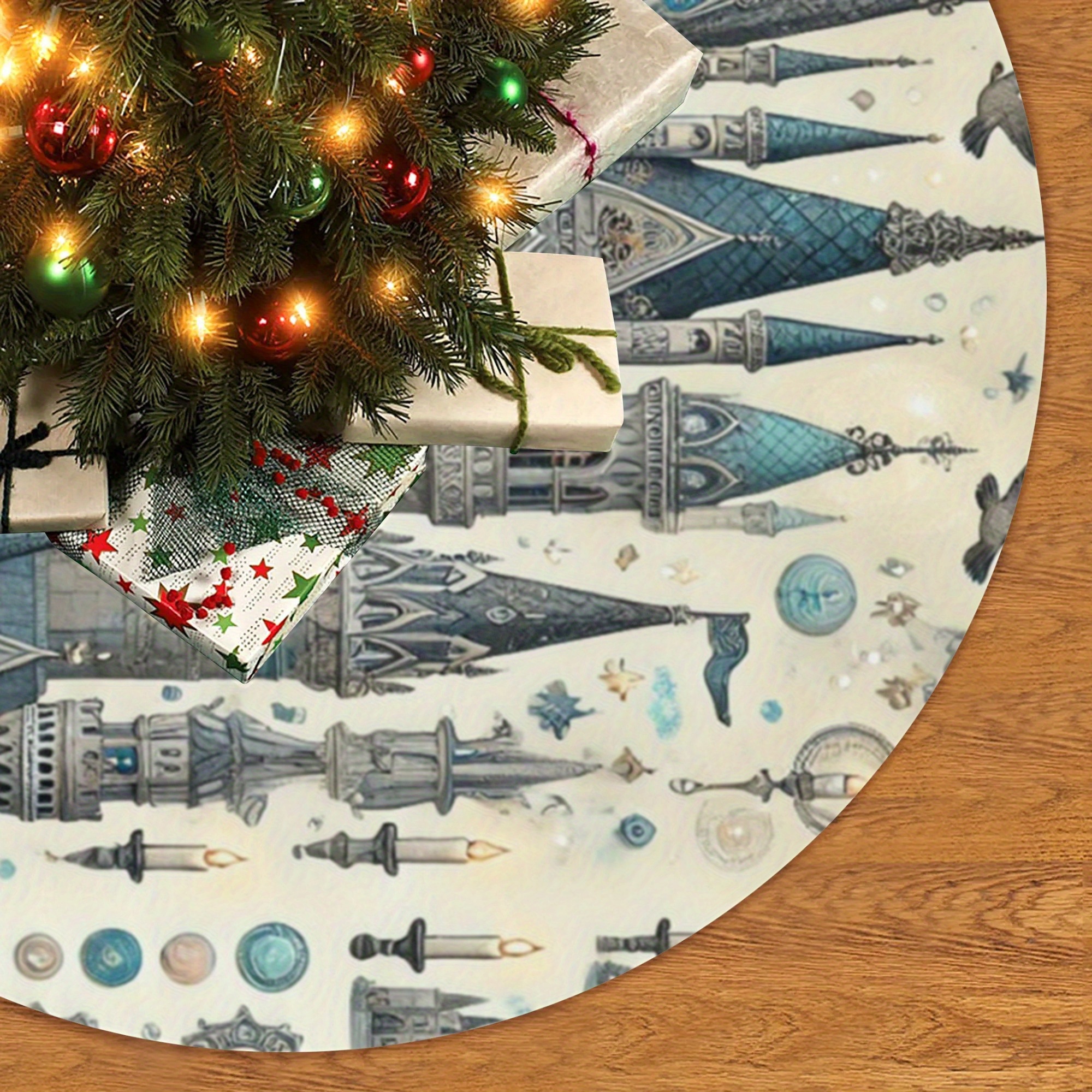 

Polyester Christmas Tree Skirt, Magical Castle Print, Holiday Decor For Home, Office, And Party Supplies, No-electricity Needed, Winter Tree Mat - 48x48 Inch